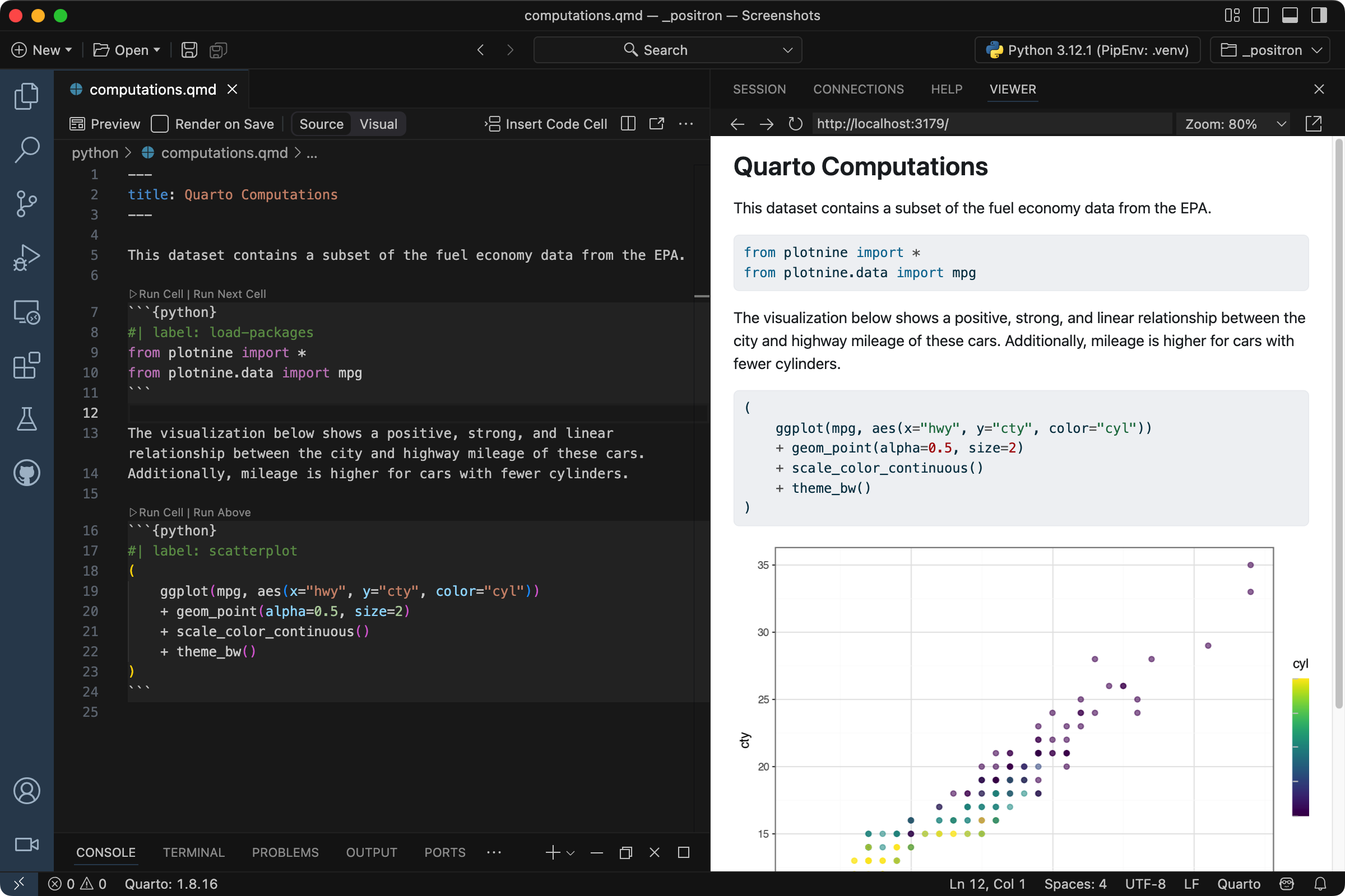 Positron with computations.qmd open in the Editor. The document is being previewed in the Viewer.