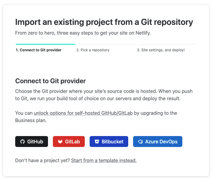 Import an existing project dialog showing the Connect to Git provider step, with buttons for GitHub, GitLab, Bitbucket, and Azure DevOps.