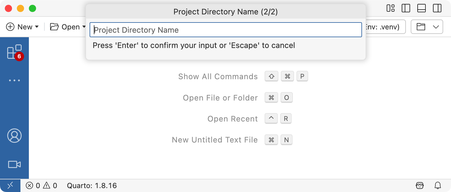 Project Directory Name prompt in Positron, with an empty text box for the directory name.