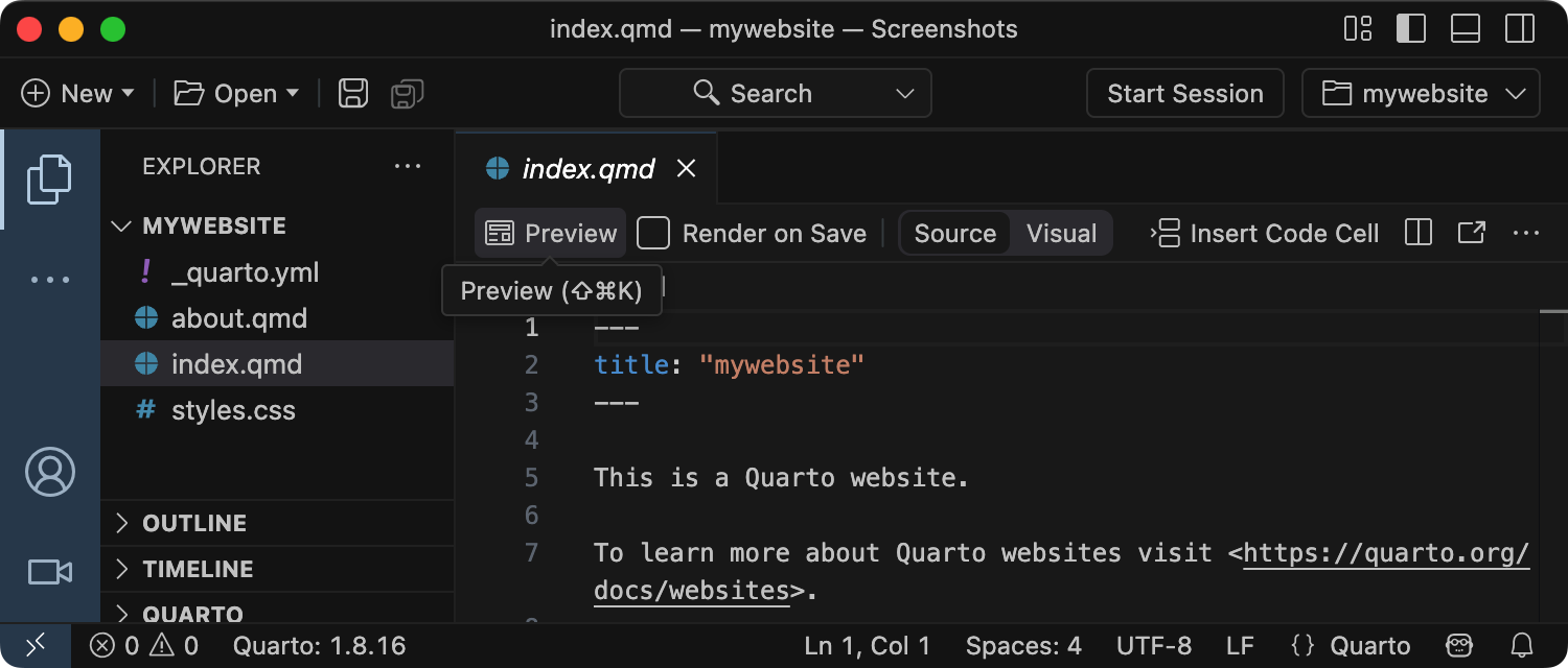 The new website project open in Positron, with index.qmd in the editor and the Preview button in the editor toolbar.