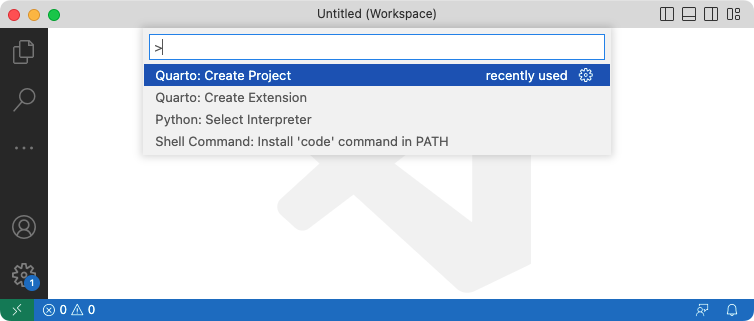 The VS Code command palette with Quarto: Create Project selected.